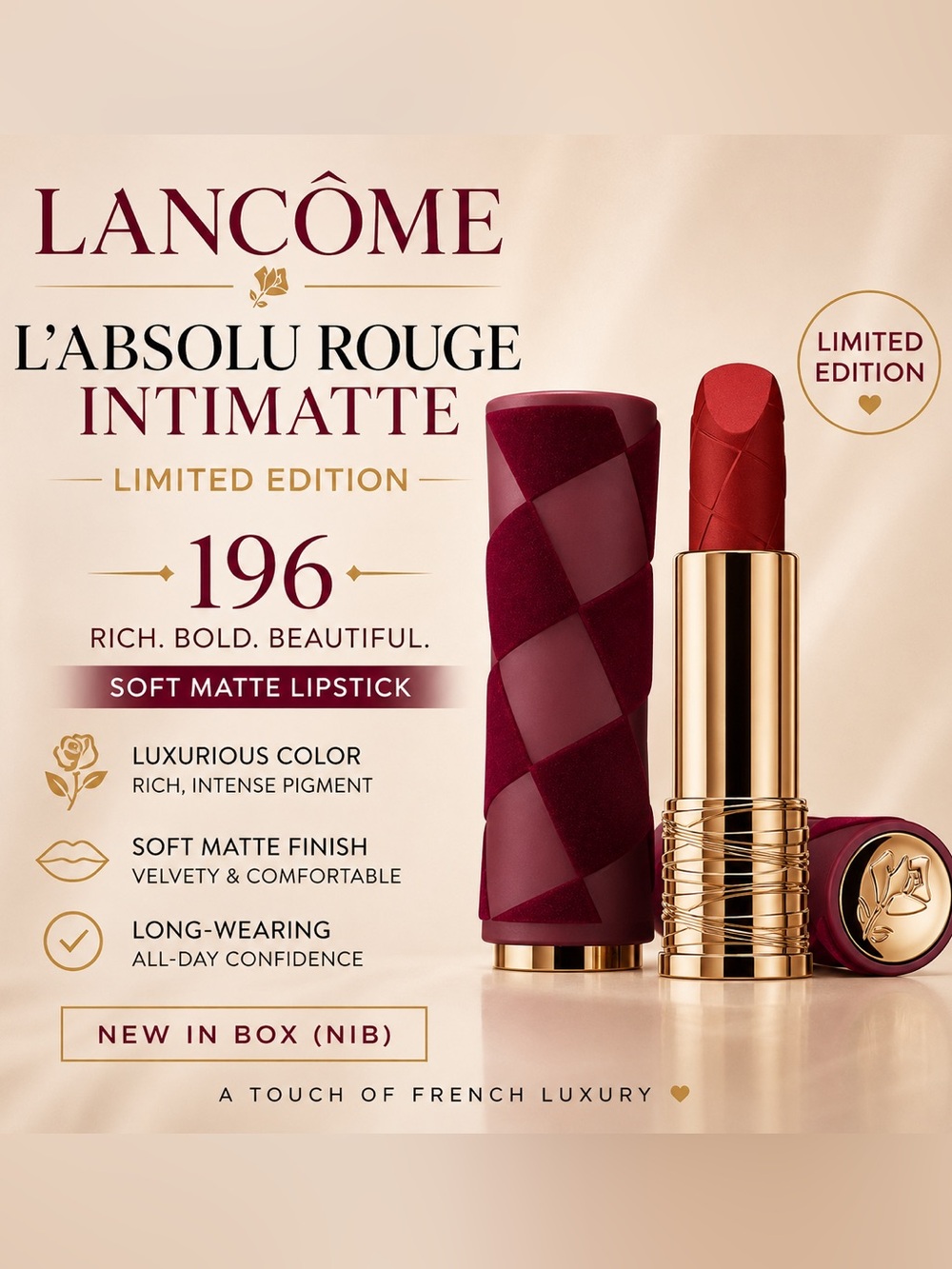 Lancôme L’Absolu Rouge Intimatte 196 Limited Edition Soft Matte Lipstick NIB